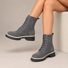 Cosette Lace-Up Platform Boots in Gray