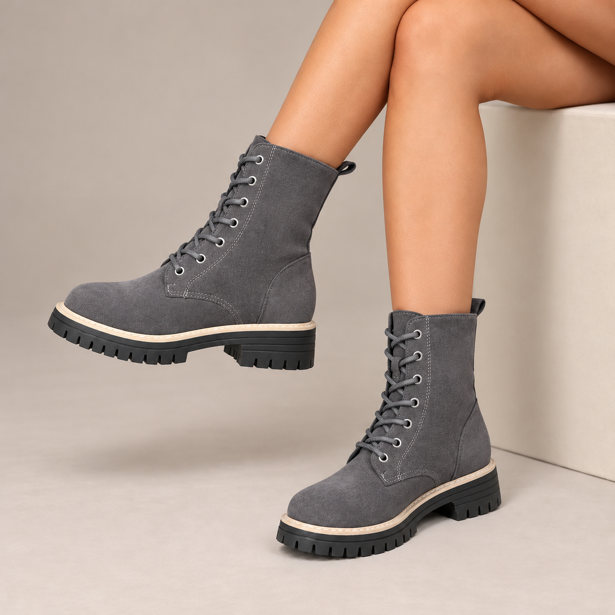 Cosette Lace-Up Platform Boots in Gray