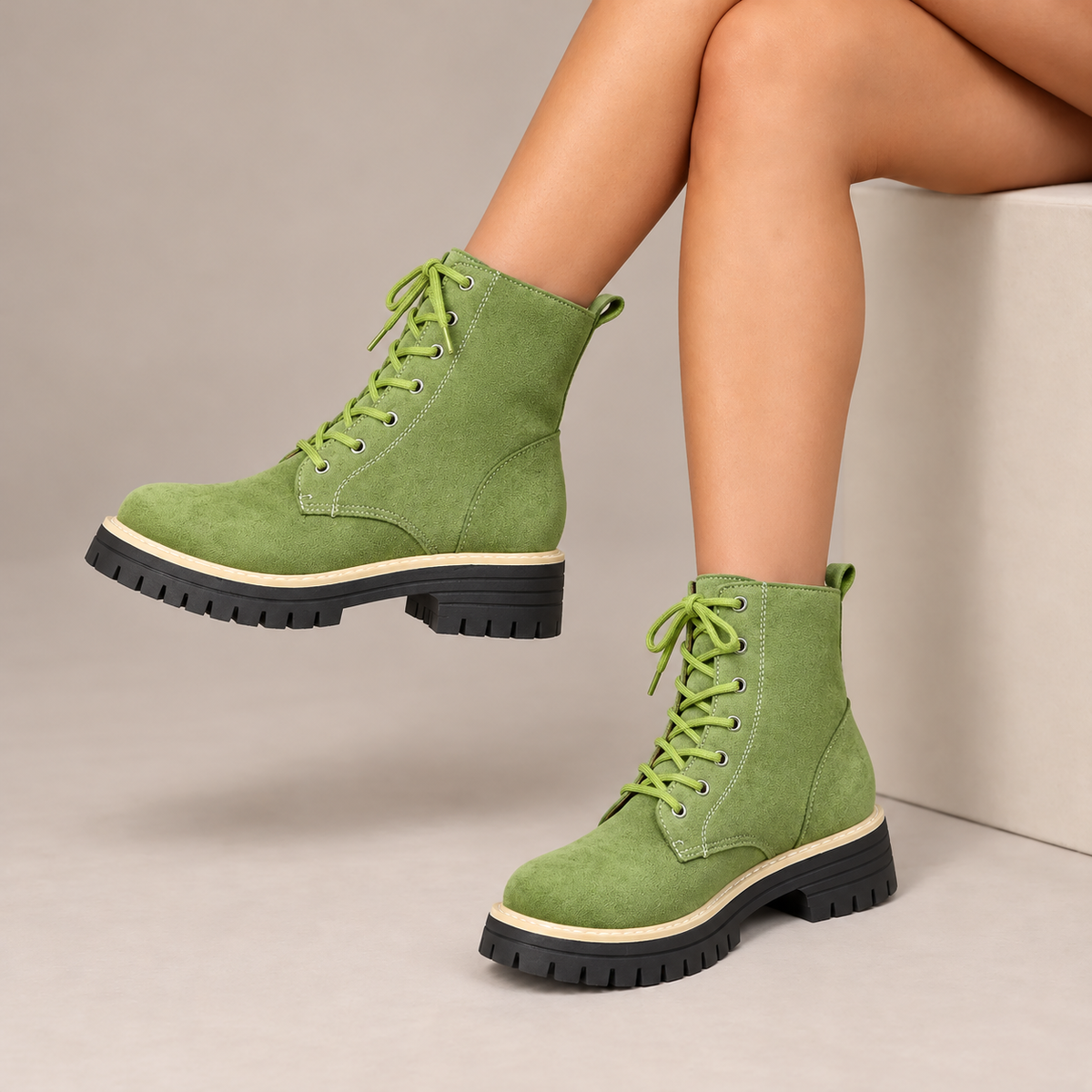 Cosette Lace-Up Platform Boots in Moss Green