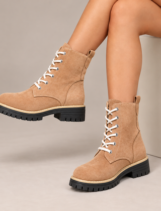 Cosette Lace-Up Platform Boots in Sand