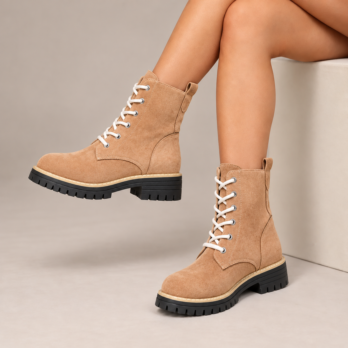 Cosette Lace-Up Platform Boots in Sand