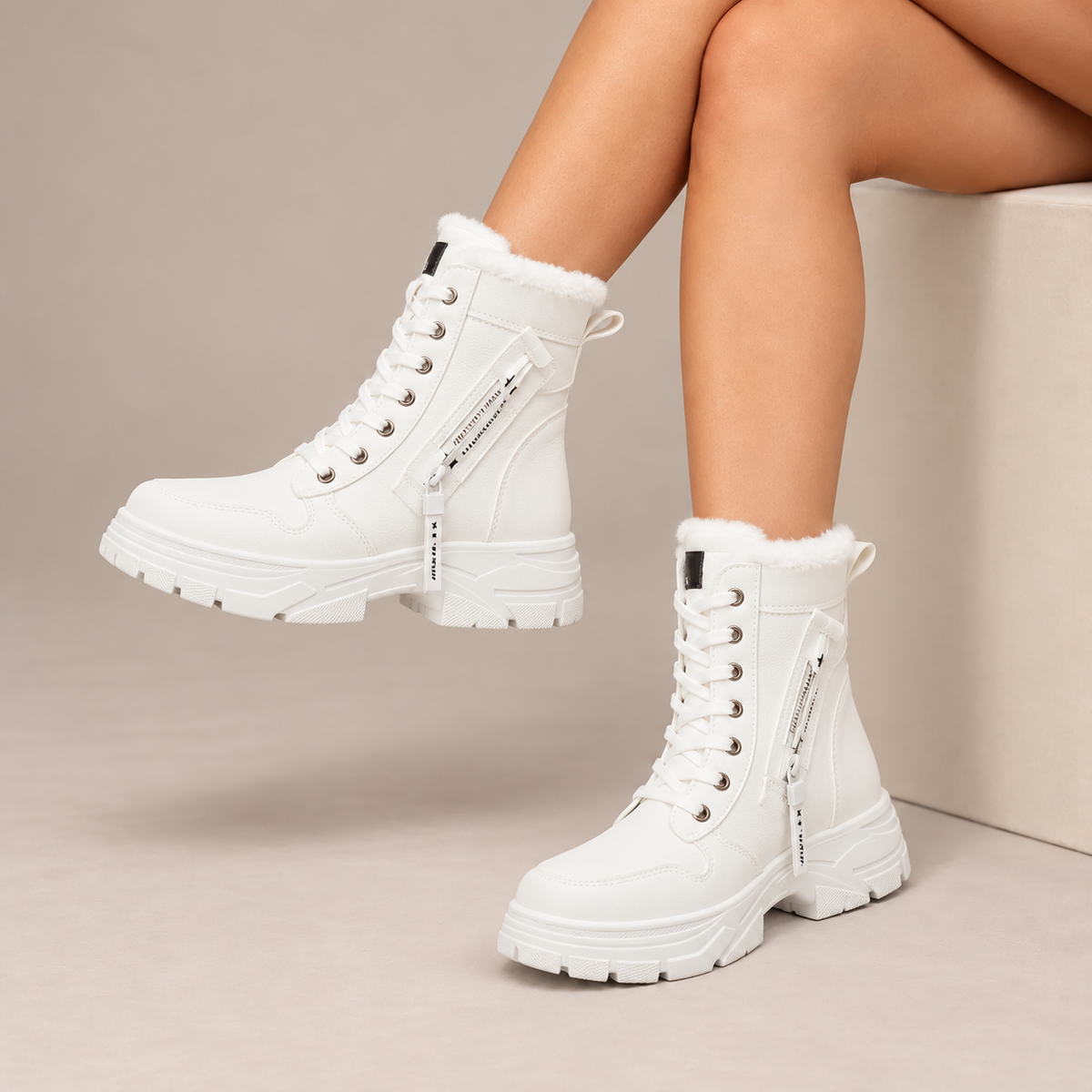 Fallon Plush-Lined Lace-Up Winter Boots in Beige