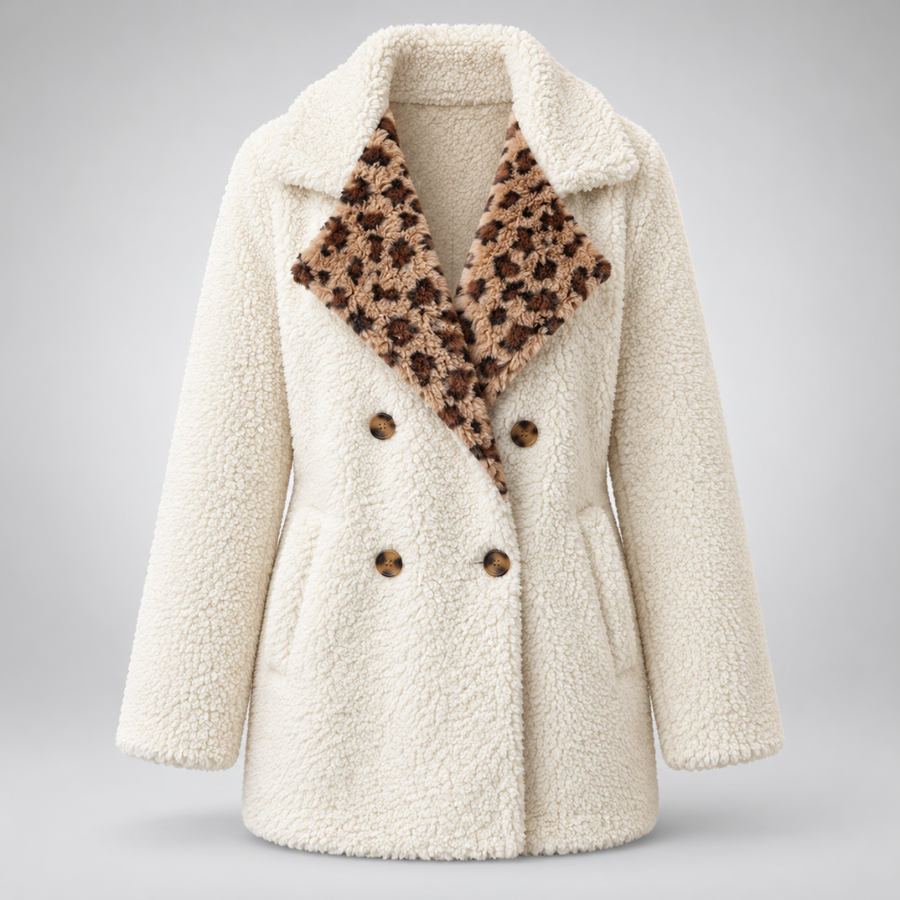 Monica Cozy Leopard Accent Teddy Coat, front view