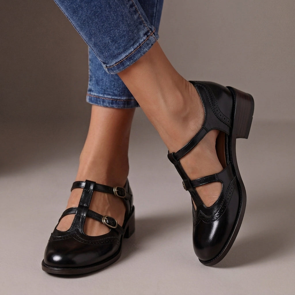 Calanthe Brogue Mary Janes in Black