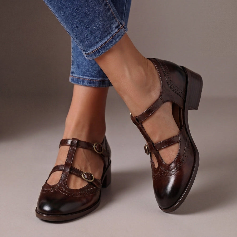 Calanthe Brogue Mary Janes in Brown