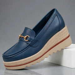 Audrey gold-bit wedge loafers in Navy side view