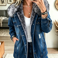 Monique Fleece-Lined Denim Jacket in Navy Blue