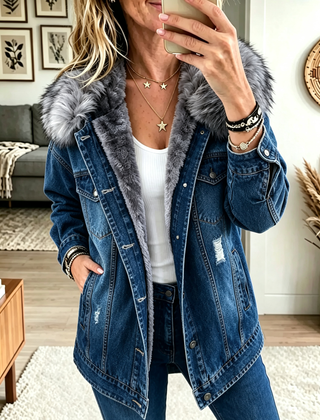 Monique Fleece-Lined Denim Jacket in Navy Blue