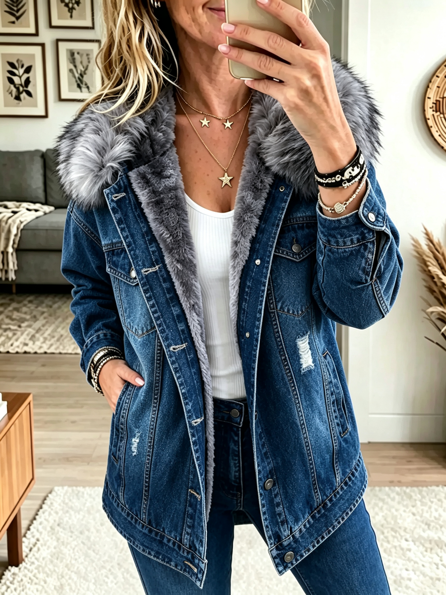 Monique Fleece-Lined Denim Jacket in Navy Blue