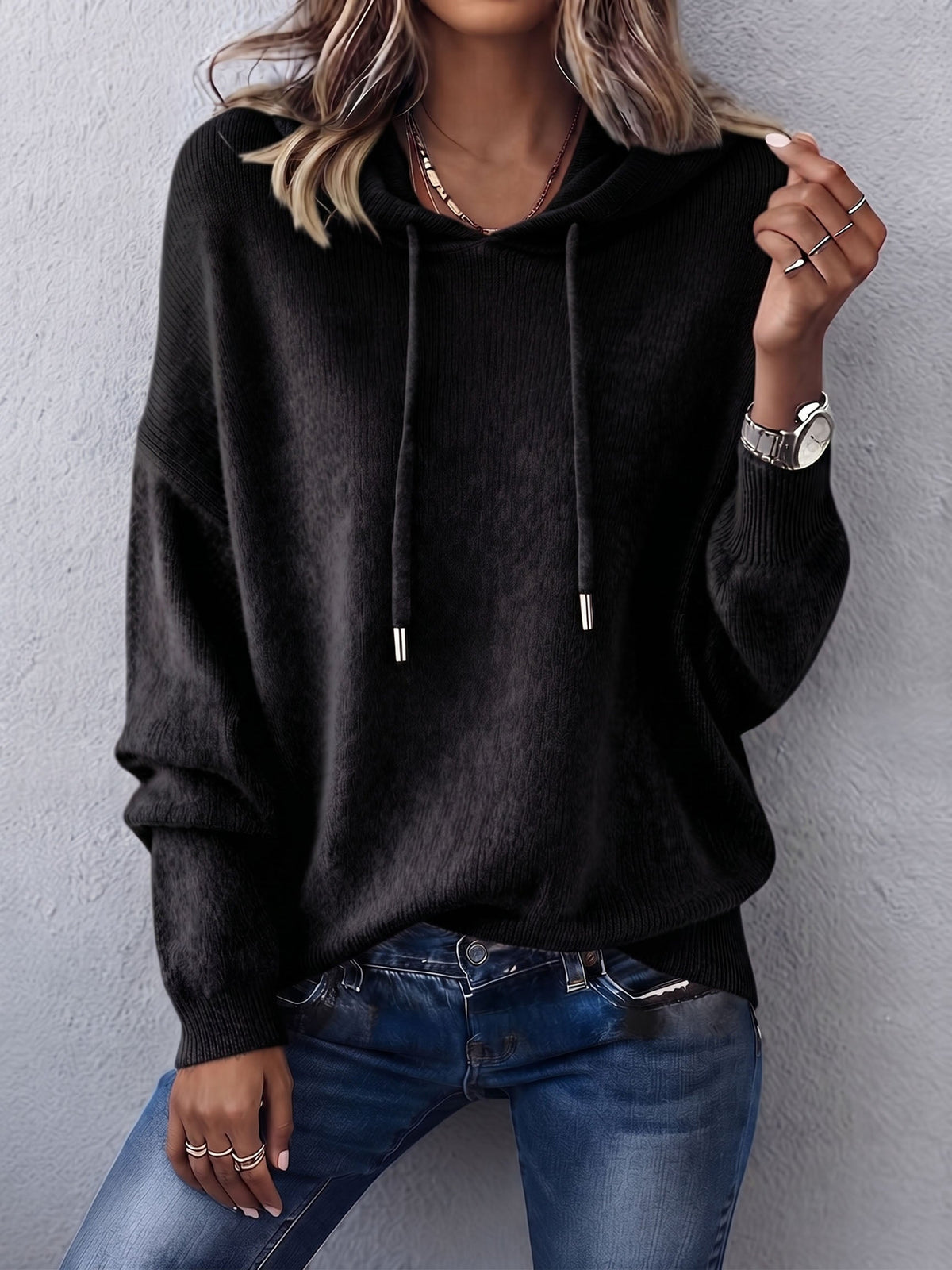Noemi relaxed knit hoodie in Black