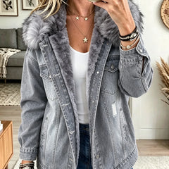 Monique Fleece-Lined Denim Jacket in Gray