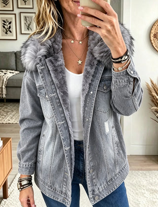 Monique Fleece-Lined Denim Jacket in Gray