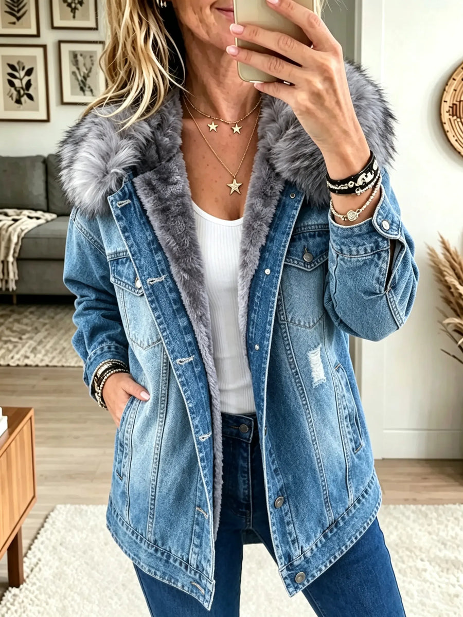Monique Fleece-Lined Denim Jacket in Blue