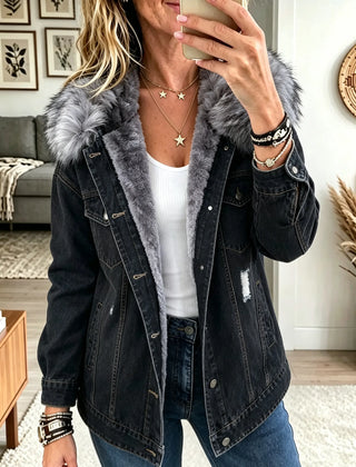 Monique Fleece-Lined Denim Jacket in Black
