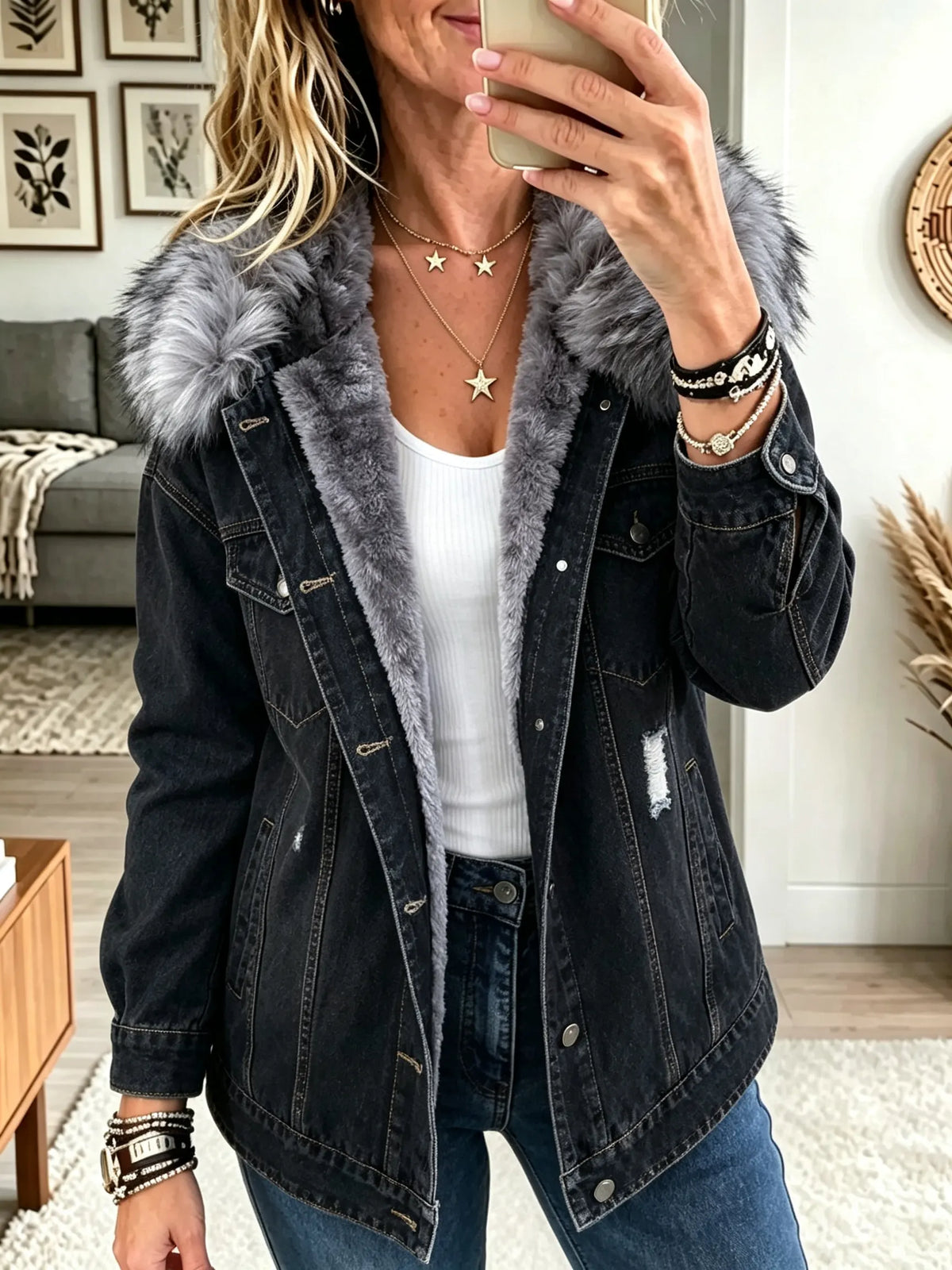 Monique Fleece-Lined Denim Jacket in Black