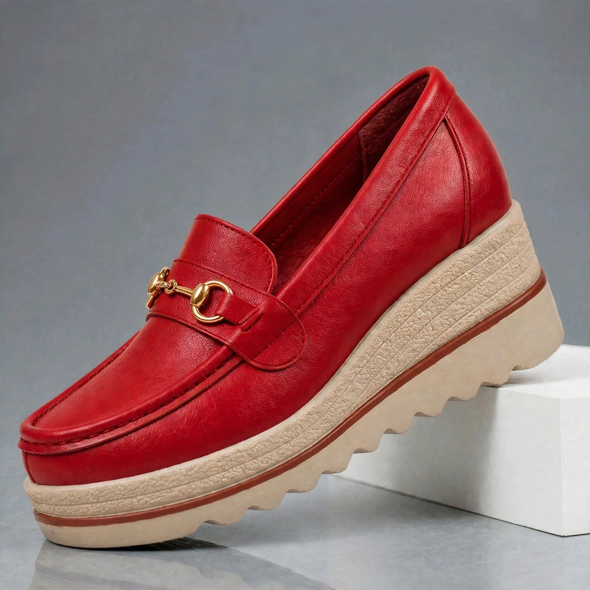 Audrey gold-bit wedge loafers in Red side view