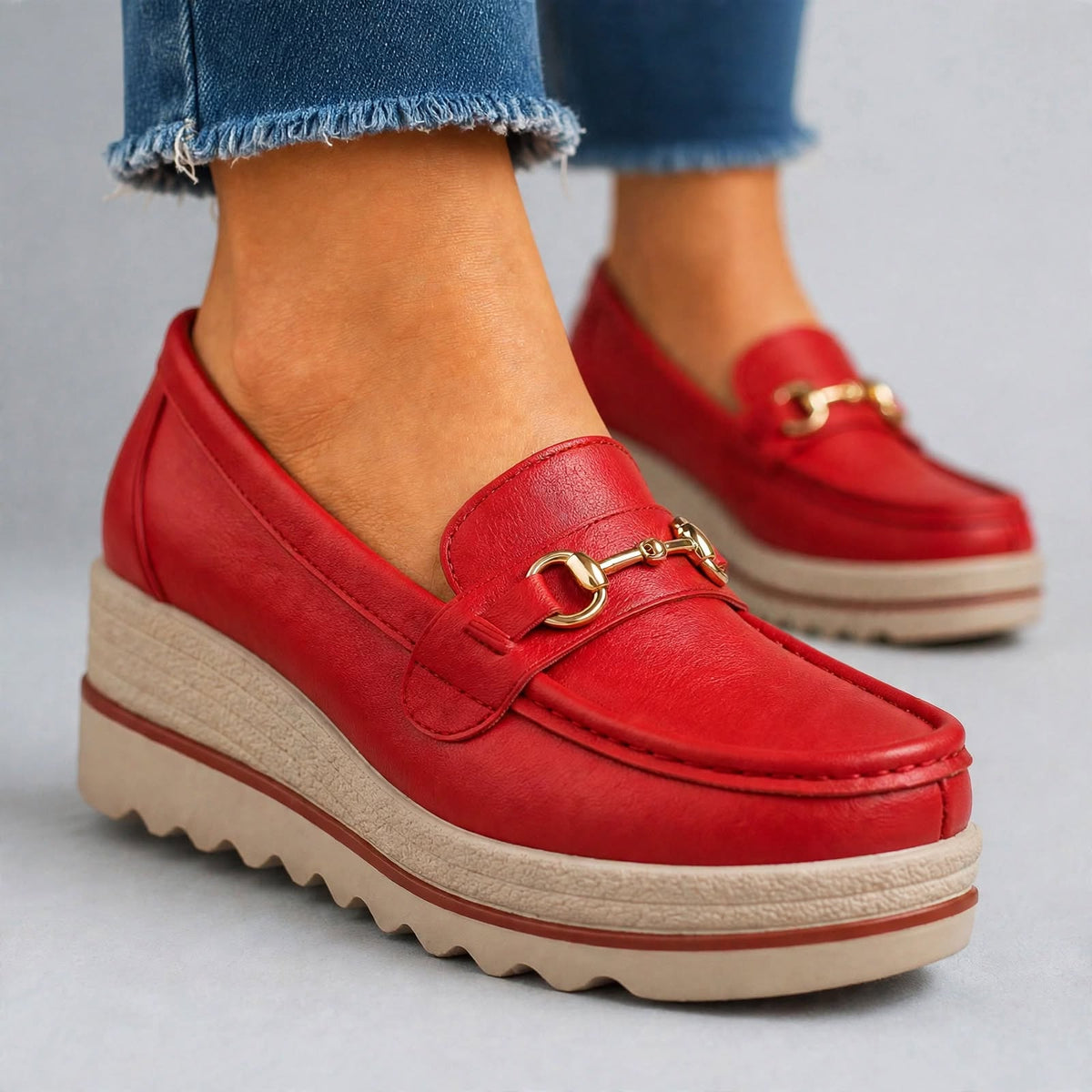 Audrey gold-bit wedge loafers in Red