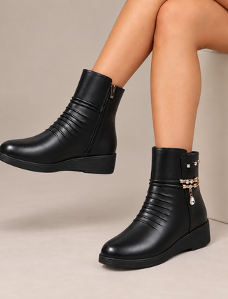 Zinnia Ruched Jewel-Chain Wedge Ankle Boots