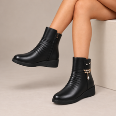 Zinnia Ruched Jewel-Chain Wedge Ankle Boots