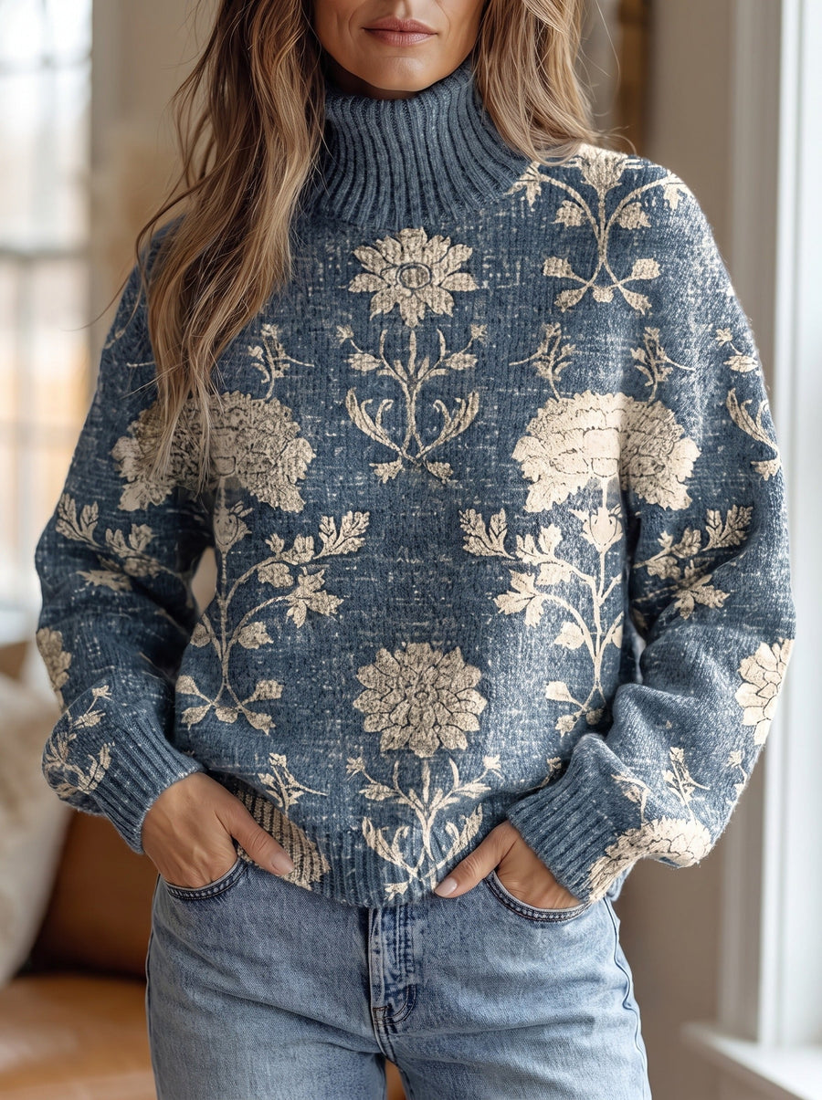 Solveig | Indigo Block-Print Turtleneck Sweater