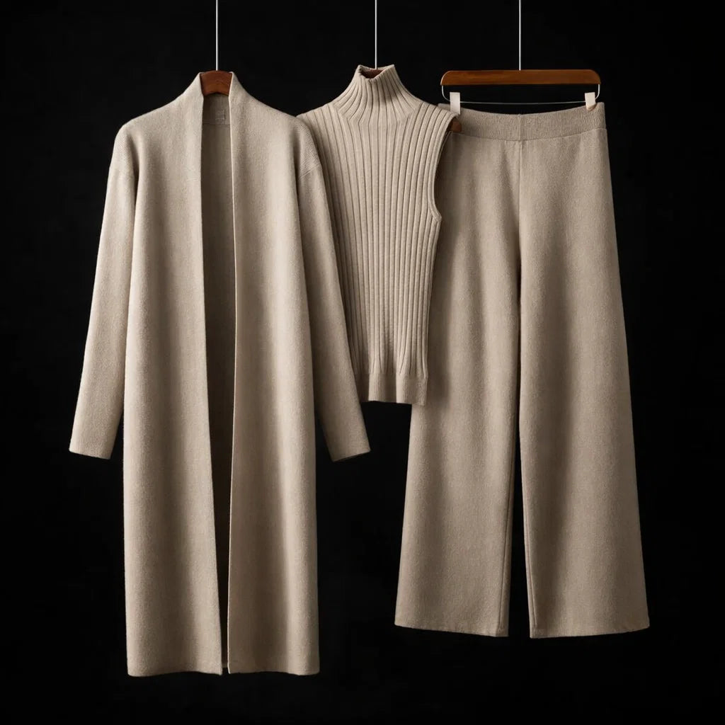 Leanne three-piece knit set in Taupe