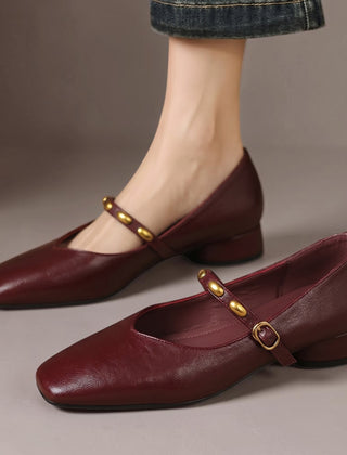 Edmee Square-Toe Mary Jane Flats in Burgundy