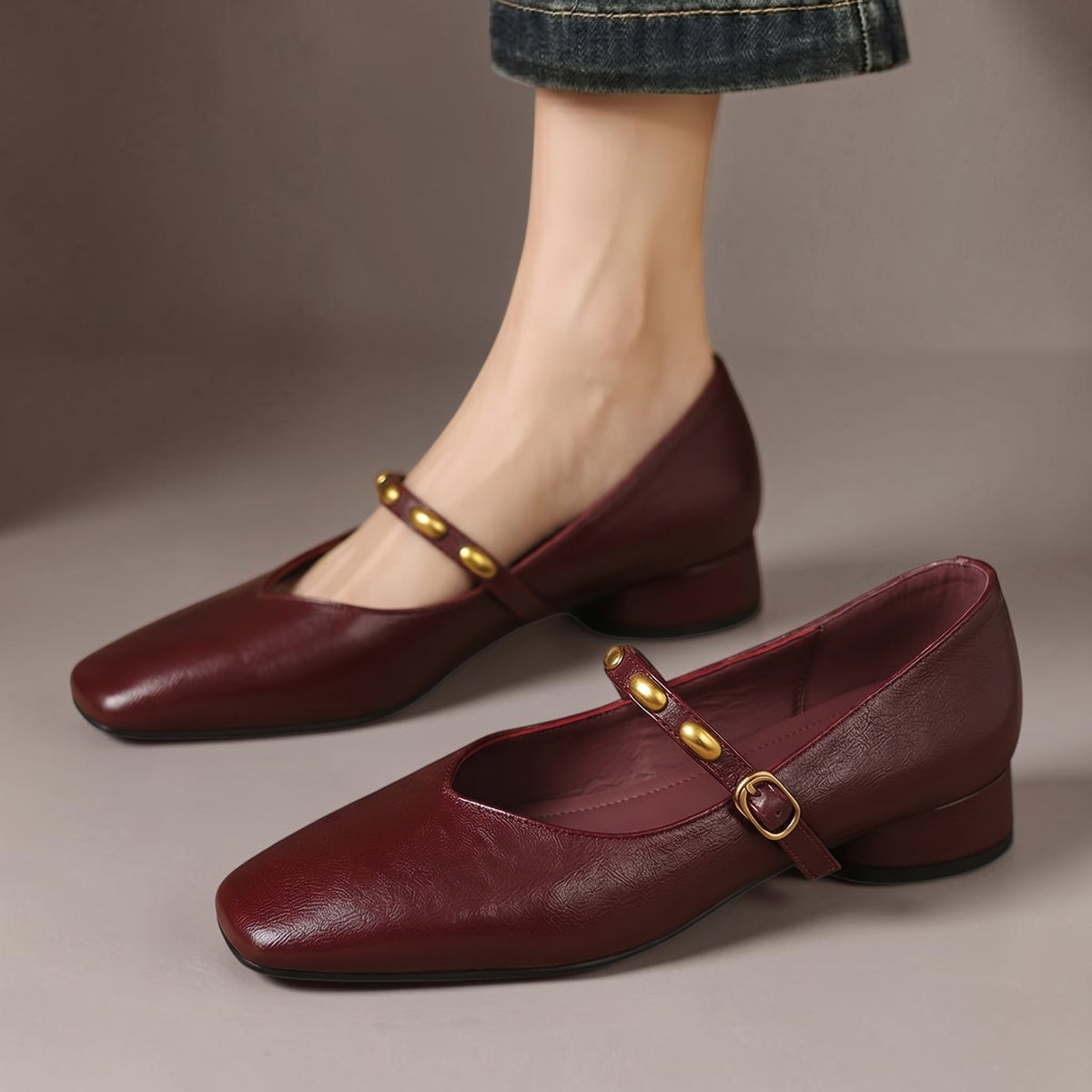 Edmee Square-Toe Mary Jane Flats in Burgundy