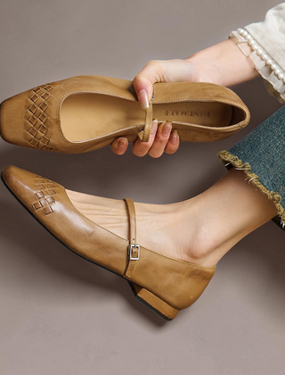 Thalia Square-Toe Mary Jane Flats in Apricot