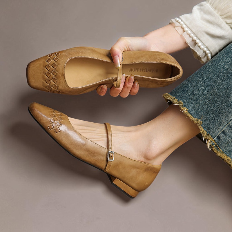 Thalia Square-Toe Mary Jane Flats in Apricot