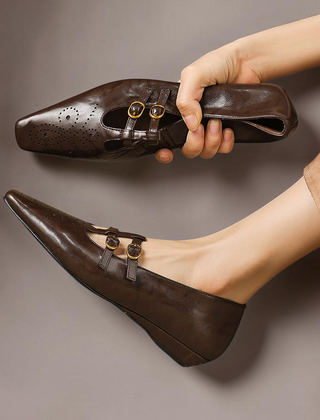 Lotte Brogue Double-Strap Mary Jane Flats in Brown