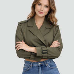 Maren Cropped Belted Trench Coat in Army Green