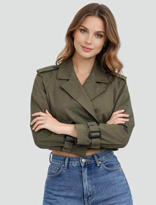 Maren Cropped Belted Trench Coat in Army Green