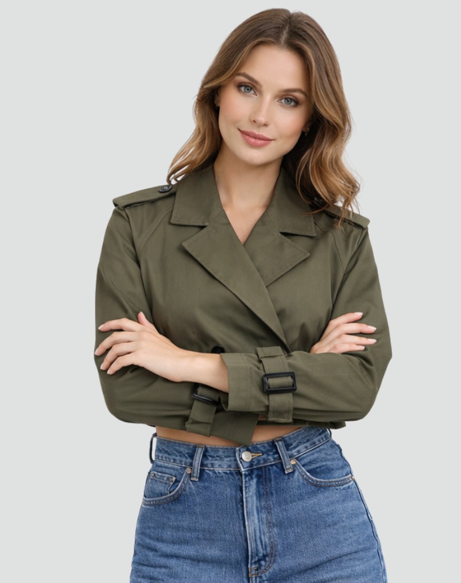 Maren Cropped Belted Trench Coat in Army Green