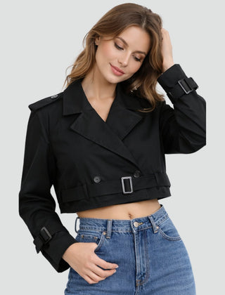 Maren Cropped Belted Trench Coat in Black