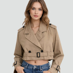 Maren Cropped Belted Trench Coat in Brown