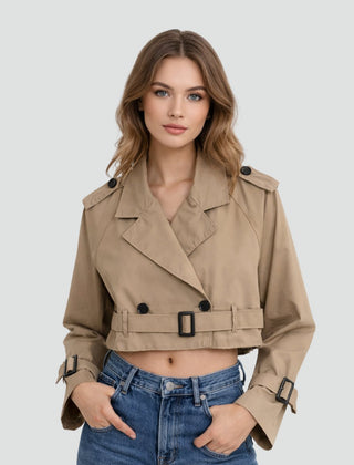 Maren Cropped Belted Trench Coat in Brown