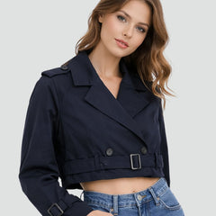 Maren Cropped Belted Trench Coat in Navy Blue