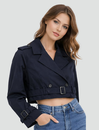 Maren Cropped Belted Trench Coat in Navy Blue