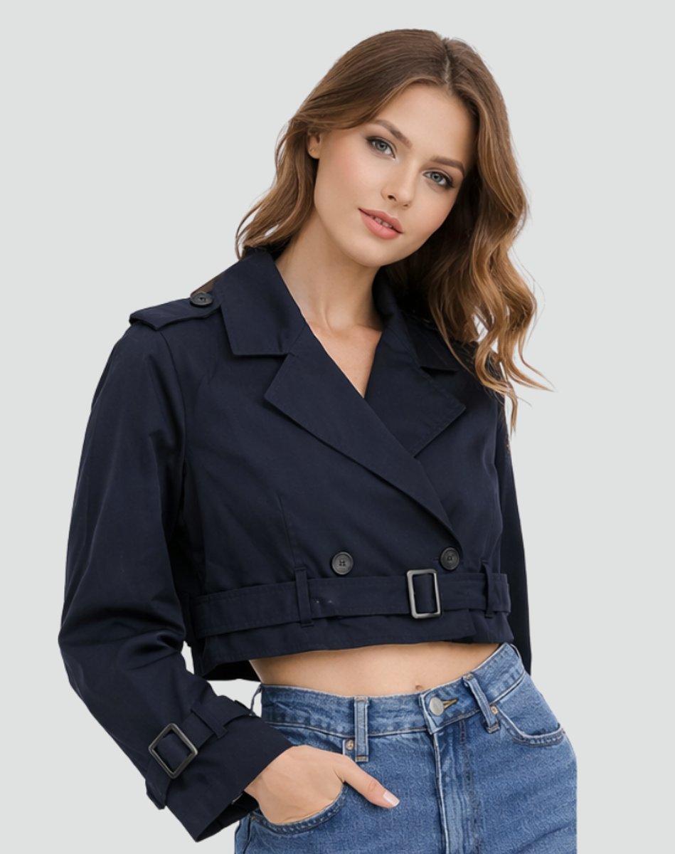 Maren Cropped Belted Trench Coat in Navy Blue
