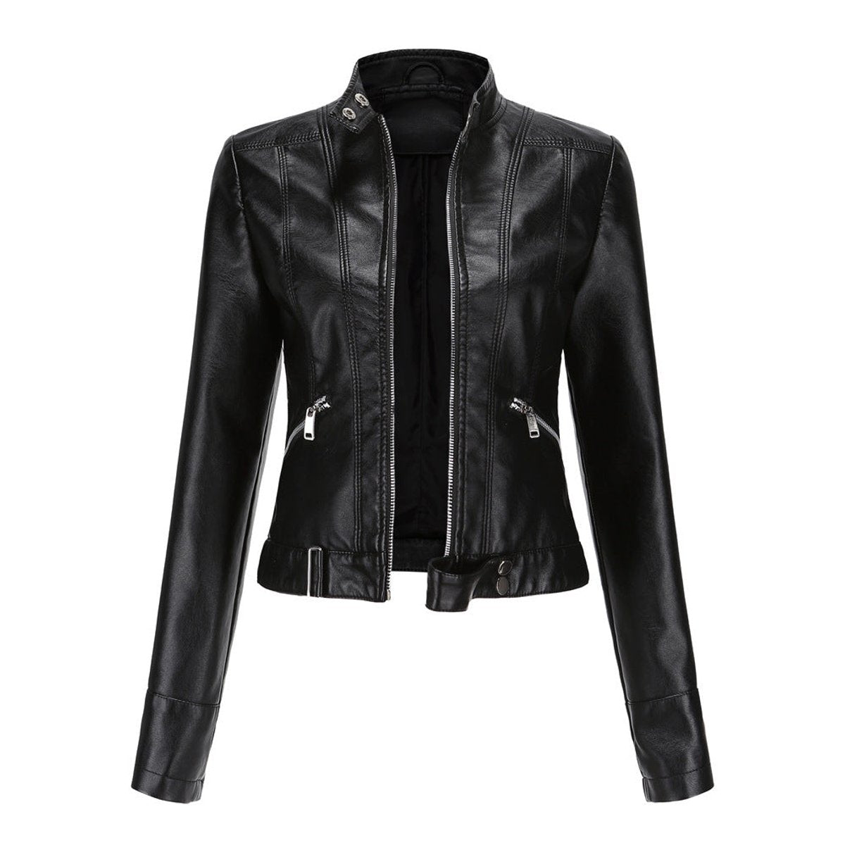 Signe Cropped Stand-Collar Moto Jacket