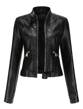 Signe Cropped Stand-Collar Moto Jacket in Black