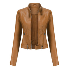 Signe Cropped Stand-Collar Moto Jacket in Light Brown
