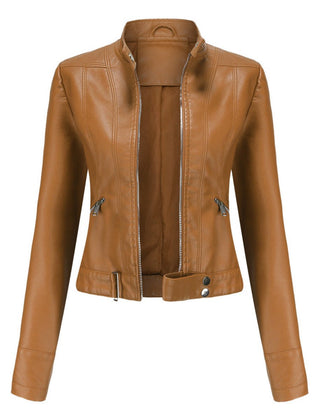 Signe Cropped Stand-Collar Moto Jacket in Light Brown