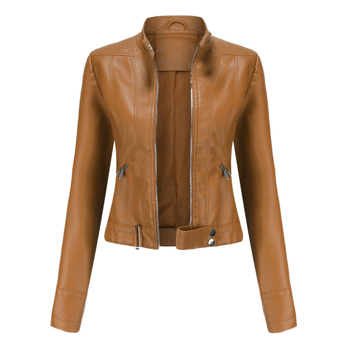 Signe Cropped Stand-Collar Moto Jacket in Light Brown