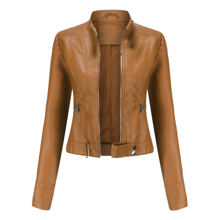 Signe Cropped Stand-Collar Moto Jacket