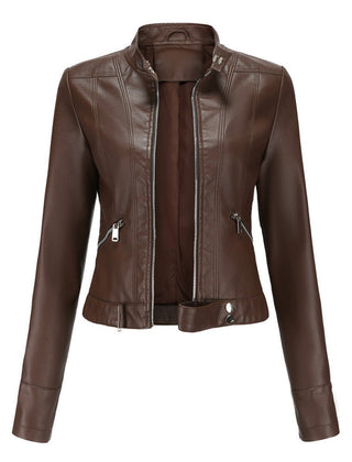 Signe Cropped Stand-Collar Moto Jacket in Brown
