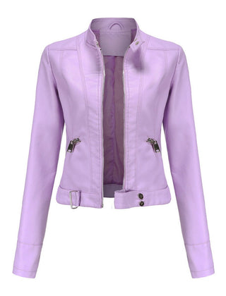 Signe Cropped Stand-Collar Moto Jacket in Lilac