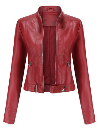 Signe Cropped Stand-Collar Moto Jacket in Red