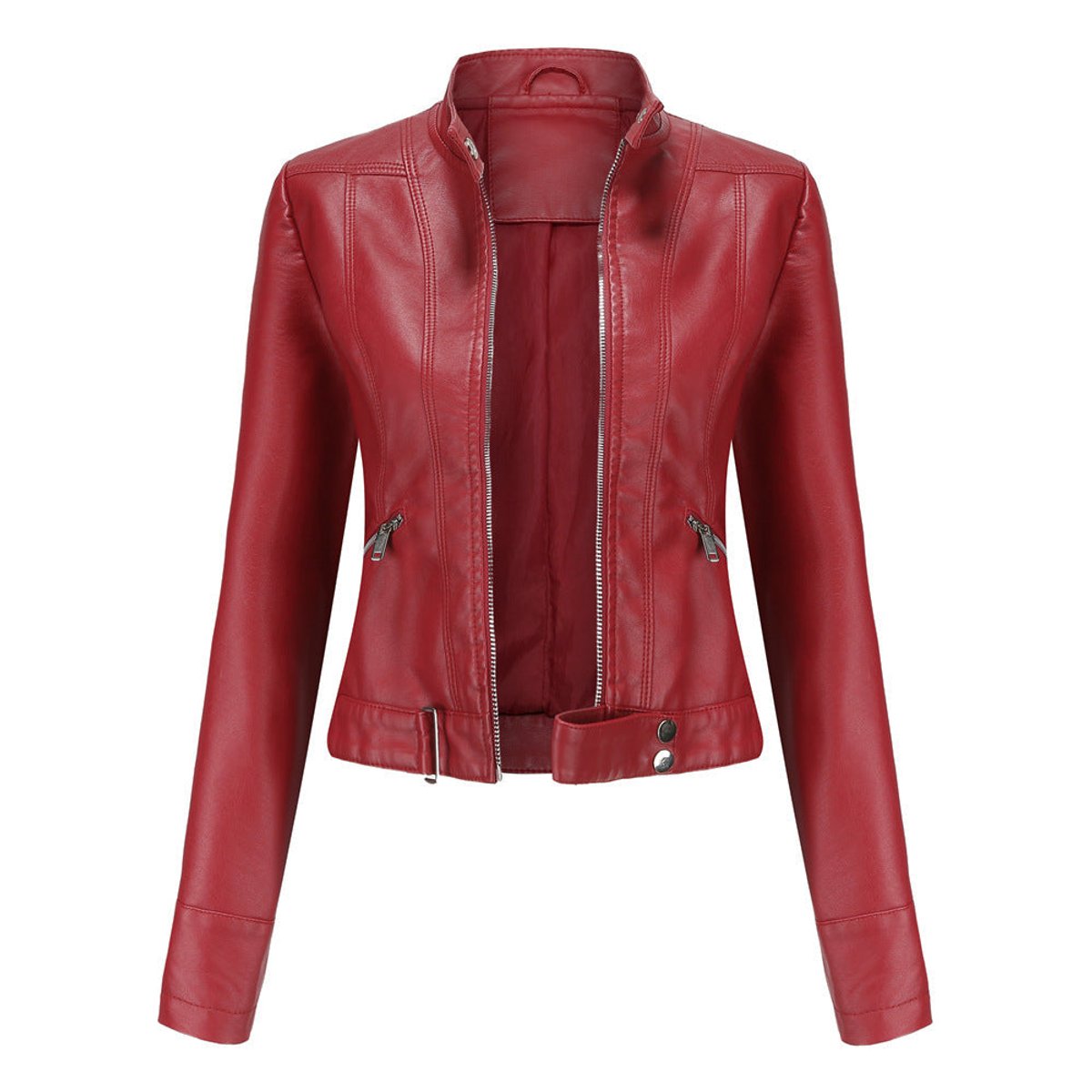 Signe Cropped Stand-Collar Moto Jacket in Red