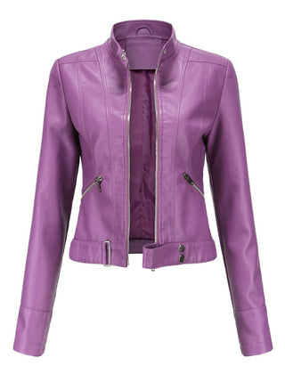 Signe Cropped Stand-Collar Moto Jacket in Dark Violet